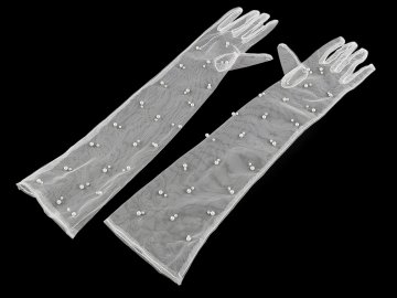 Dolge formalne rokavice iz tila z biseri - bele