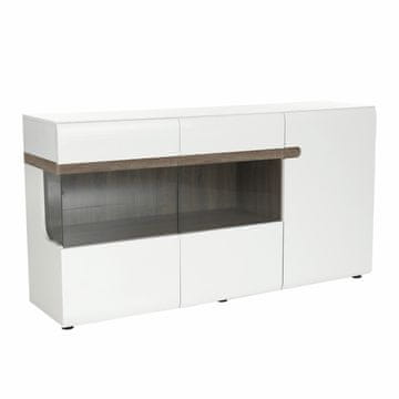 KONDELA Vitrina Lynatet 42 - bela visoki sijaj / hrast sonoma tartuf