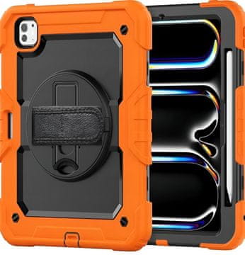 Nikcorp Vrtljiv 360° zaščitni ovitek za iPad Pro 12.9 z držalom, stojalom in prostorom za pisalo, oranžen