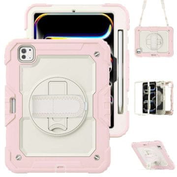 Nikcorp Ovitek za iPad Pro 11 (2018-2021) roza barve, vrtljiv ročaj, stojalo, naramni pas in prostor za pisalo Apple Pencil