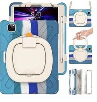 Nikcorp Vzdržljiv zaščitni ovitek za iPad Pro 12.9 (2021-2018) z vrtljivim stojalom, držalom za roko in ramenskim pasom, moder