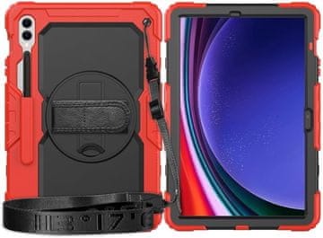 Nikcorp Vzdržljiv zaščitni etui za Galaxy Tab S8 Ultra 14.6 z vrtljivim stojalom, ročajem in ramenskim pasom, rdeč