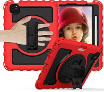 Nikcorp Vzdržljiv zaščitni etui za iPad 3/2/1/Pro 11" s 360° vrtljivim stojalom, ročajem in ramenskim pasom, rdeč