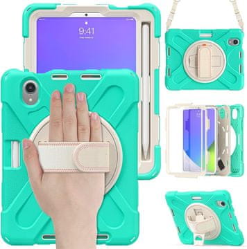 Nikcorp Vzdržljiv zaščitni etui za iPad Mini 6 8.3" z vrtljivim stojalom, ročajem in naramnim pasom, mint barve