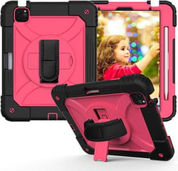 Nikcorp Vzdržljiv zaščitni etui za iPad Air 5/4 in Pro 11, roza, s 360° vrtljivim stojalom, ročajem in snemljivim ramenskim pasom