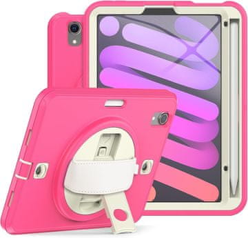 Nikcorp Vzdržljiv zaščitni etui za iPad Mini 6 8.3" z vrtljivim stojalom, ročajem in naramnim pasom, roza barve
