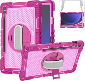 Nikcorp Vzdržljiv zaščitni etui za Samsung Tab S7/S8 11" z vrtljivim stojalom, ročajem in snemljivim ramenskim pasom, roza