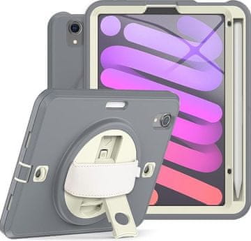Nikcorp Vzdržljiv zaščitni etui za iPad Mini 6 8.3" s 360° vrtljivim stojalom, ročajem in snemljivim ramenskim pasom, siv