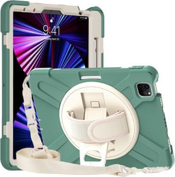 Nikcorp Vzdržljiv zaščitni etui za iPad Pro 11 z vrtljivim stojalom, ročajem in ramenskim pasom, zelene barve