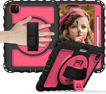 Nikcorp Vzdržljiv zaščitni etui za iPad Air 5/4 in Pro 11 z vrtljivim stojalom, ročajem in ramenskim pasom, roza