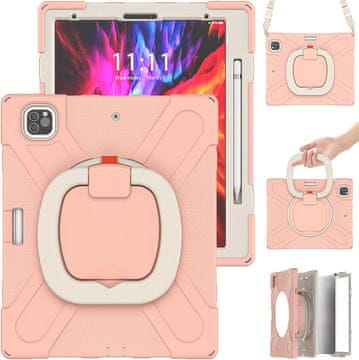 Nikcorp Vzdržljiv zaščitni etui za iPad Pro 12.9" z vrtljivim stojalom, ročajem in ramenskim pasom, roza