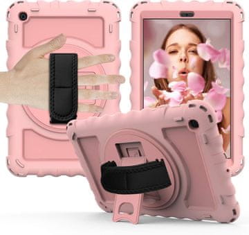 Nikcorp Vzdržljiv zaščitni ovitek za Samsung Galaxy Tab A 8.4 z vrtljivim stojalom, ročajem in ramenskim pasom, roza barve