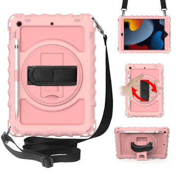 Nikcorp Vzdržljiv zaščitni etui za iPad 10.2" (9/8/7 gen) z vrtljivim stojalom, ročajem in ramenskim pasom, roza barve