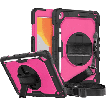 Nikcorp Oklepni zaščitni ovitek za iPad 10.2 (7/8/9 gen) z vrtljivim stojalom, držalom za pisalo in trakom, roza