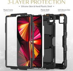 Nikcorp Vzdržljiv zaščitni ovitek za iPad Air 5/4 in Pro 11" s stojalom, ročajem, prostorom za pisalo in ramenskim pasom, črn