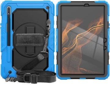 Nikcorp Vzdržljiv zaščitni etui za Samsung Galaxy Tab S8/S7 z vrtljivim stojalom, ročajem in ramenskim pasom, moder