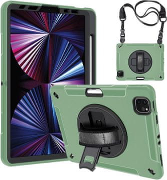 Nikcorp Vzdržljiv zaščitni etui za iPad Pro 11" (3/2/1) z vrtljivim stojalom, ročajem in ramenskim pasom, zelen