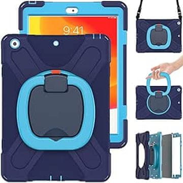 Nikcorp Vzdržljiv zaščitni etui za iPad 10.2" (2019-2021) z vrtljivim stojalom, ročajem in ramenskim pasom, moder