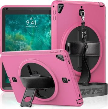 Nikcorp Vzdržljiv zaščitni ovitek za iPad 10.2 (2019-2021) z vrtljivim stojalom, ročajem in ramenskim pasom, roza barve