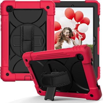 Nikcorp Vzdržljiv zaščitni etui za Samsung Galaxy Tab A 10.1, 360° vrtljivo stojalo, ročaj in ramenski pas, rdeč