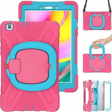 Nikcorp Vzdržljiv zaščitni etui za Samsung Tab A 8.0 T290/T295 z vrtljivim stojalom, ročajem in ramenskim pasom, roza