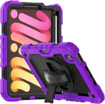 Nikcorp Vzdržljiv zaščitni ovitek za iPad Mini 6 8.3" z vrtljivim stojalom, držalom za pisalo in ramenskim pasom, vijoličen