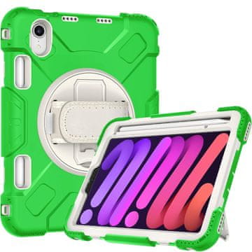 Nikcorp Vzdržljiv zaščitni etui za iPad Mini 6 8.3" z vrtljivim 360° stojalom, ročajem in prostorom za pisalo, zelen