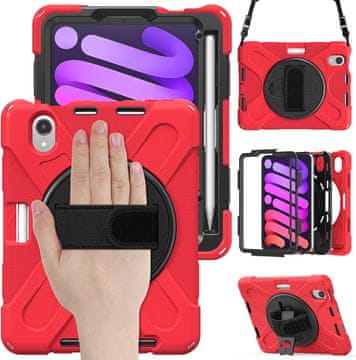 Nikcorp Vzdržljiv zaščitni etui za iPad Mini 6 8.3" z vrtljivim stojalom, ročajem in ramenskim pasom, rdeč