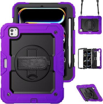 Nikcorp Vzdržljiv zaščitni etui za iPad Pro 12.9 (2020/2018) z vrtljivim stojalom, ročajem in ramenskim pasom, vijoličen