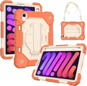 Nikcorp Vzdržljiv zaščitni etui za iPad Mini 6 8.3" z vrtljivim stojalom, držalom za roko in ramenskim pasom, oranžen