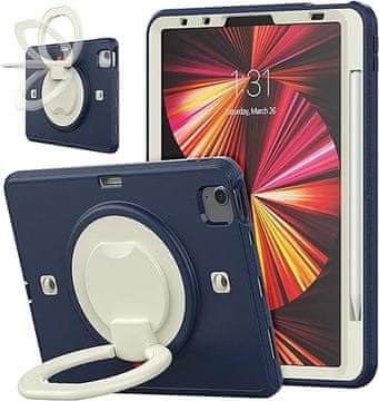 Nikcorp Vzdržljiv ovitek za iPad Air 5/4 in Pro 11 z vrtljivim stojalom, ročajem in prostorom za pisalo, temno moder