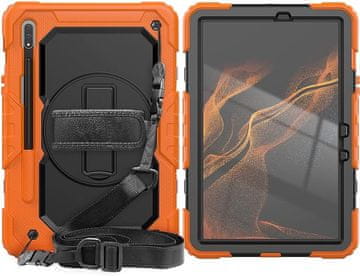 Nikcorp Vzdržljiv zaščitni etui za Samsung Galaxy Tab S8/S7 11", 360° vrtljivo stojalo, ročaj in ramenski pas, oranžen