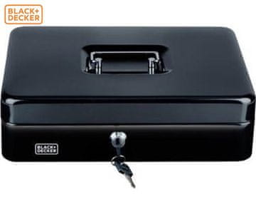 Black+Decker blagajna/sef za denar s ključavnico, 4 predali, pladenj za kovance, 2 ključa, jeklo, 30x24x9cm, črna