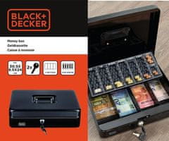 Black+Decker blagajna/sef za denar s ključavnico, 4 predali, pladenj za kovance, 2 ključa, jeklo, 30x24x9cm, črna