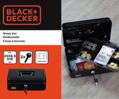 Black+Decker blagajna/sef za denar s ključavnico, 5 pregrad, 2 ključa, jeklo, 25 x 18,5 x 9 cm, črna
