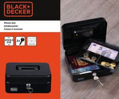 Black+Decker blagajna/sef za denar s ključavnico, 3 pregrade, 2 ključa, jeklo, 20 x 16 x 8,5 cm, črna