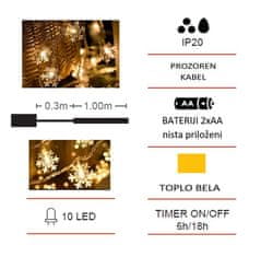 Vito  LED božična razsvetljava toplo bela 1m 10 snežink 2xAA IP20 NATALE-14 