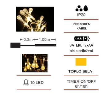 Vito LED božična razsvetljava toplo bela 1m 10 kapljic 2xAA IP20 NATALE-17