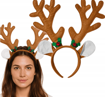 Korbi Božični obroček z rogovi in ušesi severnega jelena – praznična naglavna dekoracija z zvončki