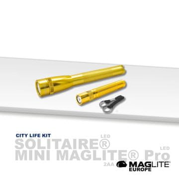 Maglite set City Life SX45047L, svetilki LED Mini PRO 2xAA + Solitaire1xAAA, zlata v darilni škatli