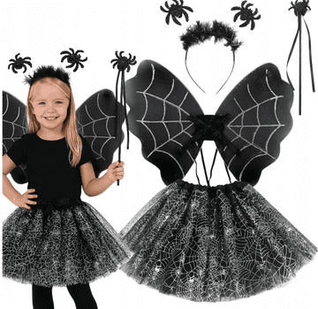 Korbi KOSTUM PAJKA ZA DEKLE – TULECNA KRILNICA, KRILCA, TRak, ČAROBNA PALICA, 4-DELNI SET, HALLOWEEN