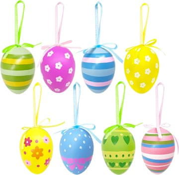 Nikcorp Velikonočni okraski viseča jajca 24 kosov, večbarvne pisanke za dekoracijo, plastična, 6x4 cm, 8 različnih vzorcev
