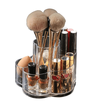 Nikcorp Vrtljiv organizator za ličila in kozmetiko 360° | Prozoren akrilni s 6 predali | Stojalo za čopiče in šminke 11,5x15 cm