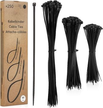 shumee LIVAIA komplet črnih kabelskih vezic, 3 velikosti, 250 kosov