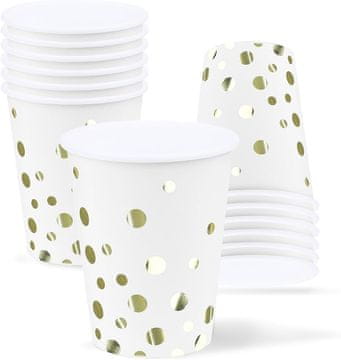Nikcorp Papirnati kozarci za enkratno uporabo 250 ml | 12 kosov | Beli z zlatimi pikami | Za zabave in piknike | Ekološki