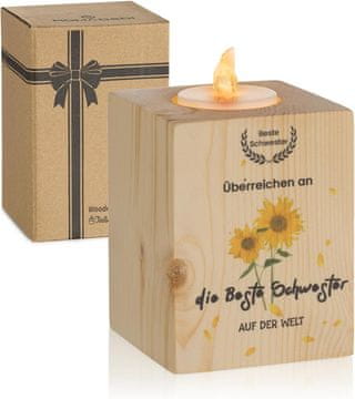 Nikcorp Leseni svečnik za čajno svečko z napisom | Personalizirano darilo za sestro | Dekoracija za dom 7x7x9 cm