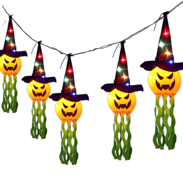 Nikcorp LED girlanda za noč čarovnic 3m, 5 buč v svetlečih klobukih, vodoodporna zunanja in notranja dekoracija na baterije