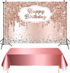 Nikcorp Komplet za rojstni dan rožnato zlati | Foto ozadje 150x90cm in prt 137x270cm | Dekoracija za zabavo in fotografiranje