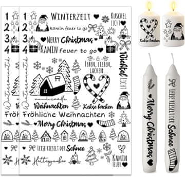 Nikcorp Komplet vodnih nalepk za okraševanje sveč in keramike, 2 poli, božični motivi in nemški napisi, DIY darila in dekoracije