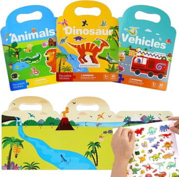 Nikcorp Komplet 3 knjigic z nalepkami za večkratno uporabo za otroke - Dinozavri, Vozila, Živali - ustvarjalna izobraževalna igra